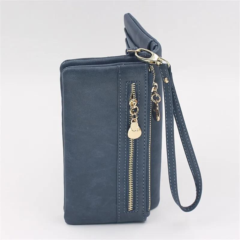 Fashion Women Wallets Dull Polish Leather Wallet Double Zipper Day Clutch Purse Wristlet Portefeuille Handbags