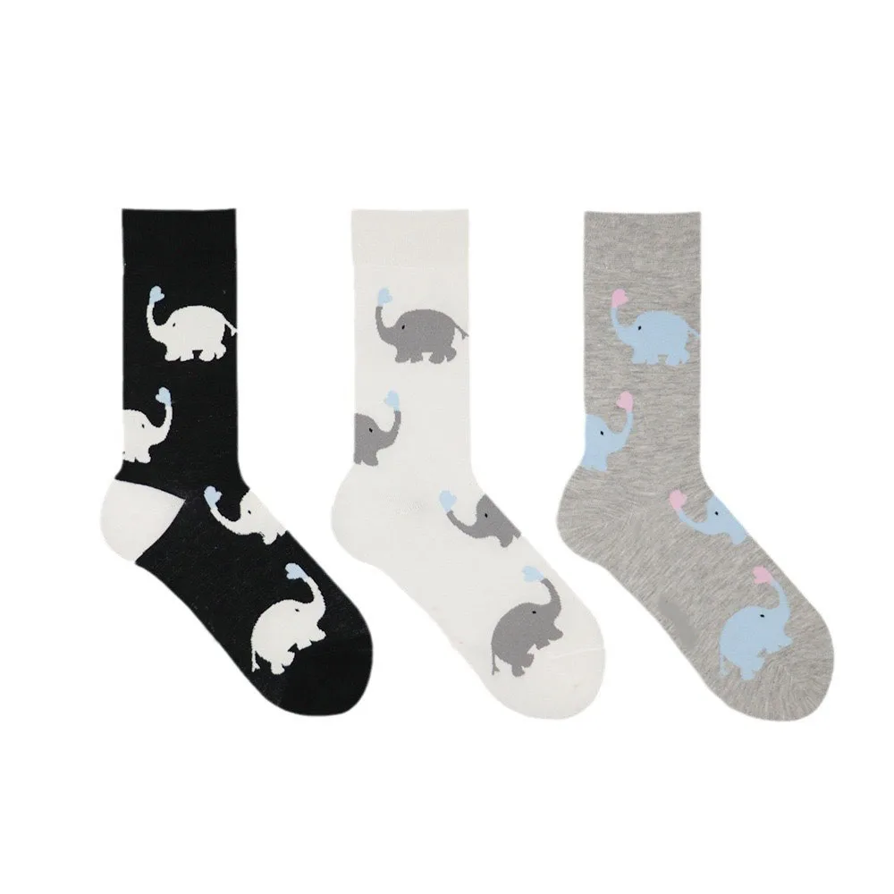 Cute Elephant Socks for Men and Women Japanese Trend Internet Celebrity Cartoon Korean Version Black White Gray Mid Tube Socks