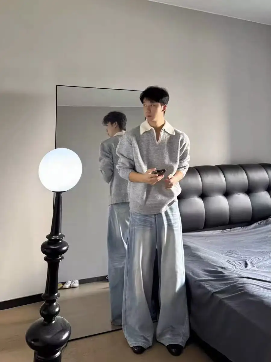 

Повседневный модный мужской свитер, легкий винтажный двухсекционный дизайн, тяжелый трикотаж, универсальный для отдыха...