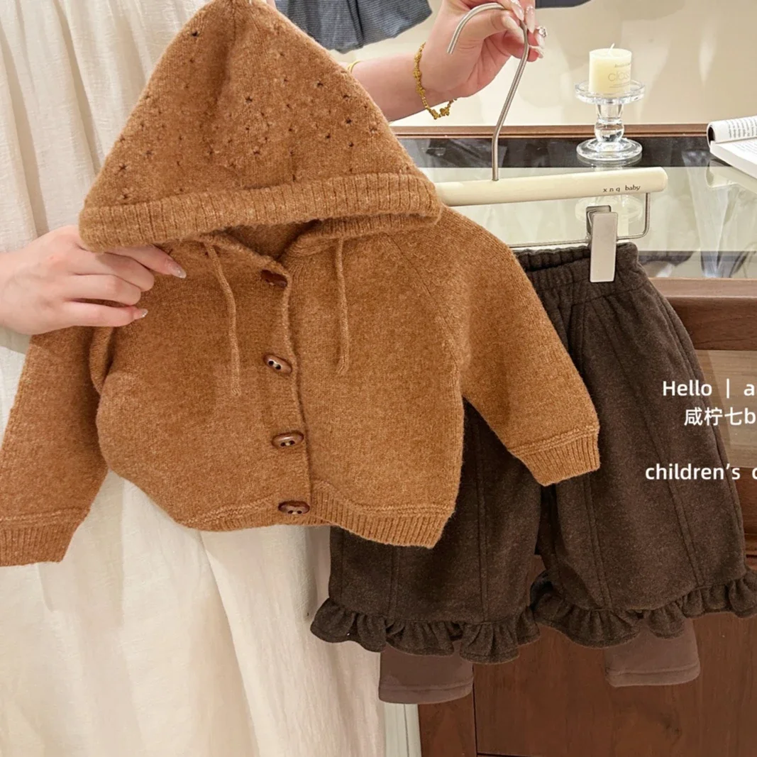 Girls Suit 2026 Autumn Winter New Childrens Clothing Korean Girl Baby Sweet Hollow Hooded Knit Cardigan False Two Pants Two Sets