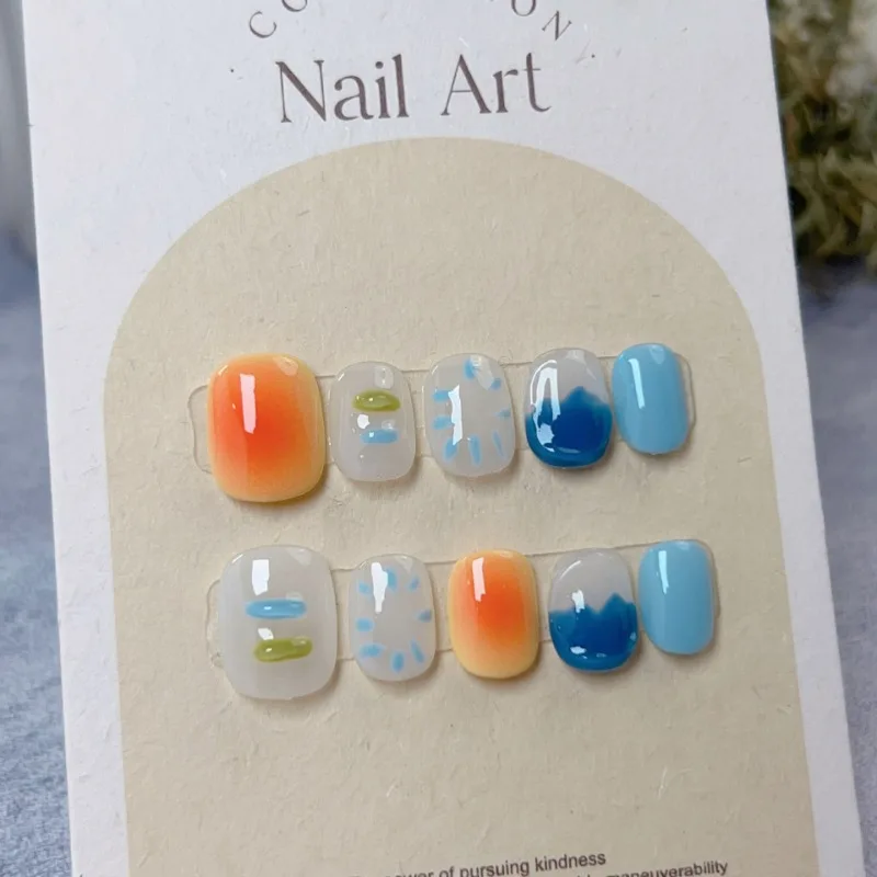 10 pz/set Full Cover Glitter Design Short Round unghie finte Manicure indossabile Nail Tips Art Summer Blue Handmade Press on Nails