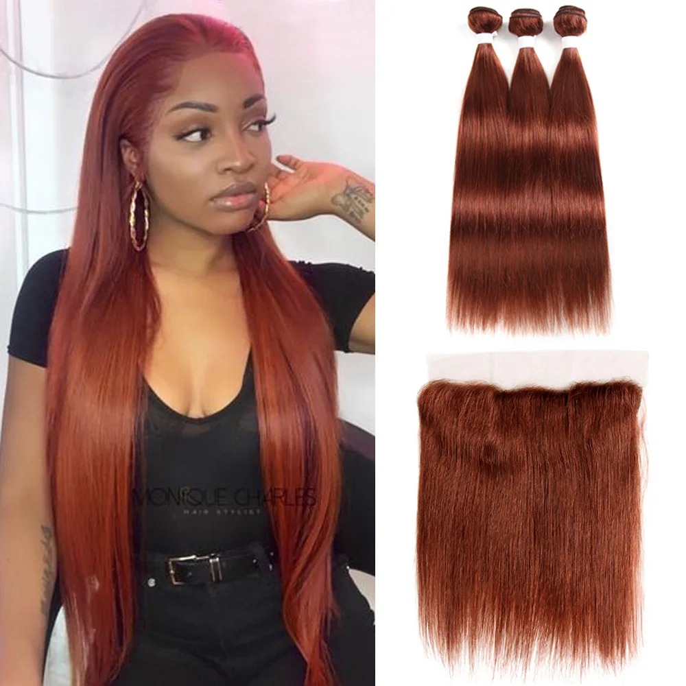 

33 Brown Auburn Human Hair Bundles With Frontal Brazilian Straight 13X4 Remy Hair Bundles With Closure 3/4PCS Human Hair Bundles