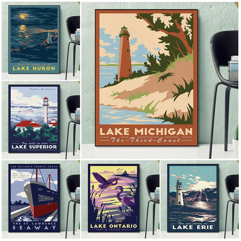 

Great Lakes And Lighthouse Art Canvas Poster,Lake Michigan,Lake Huron,Lake Ontario Tourist Scenery Wall Art Print,Home Decor
