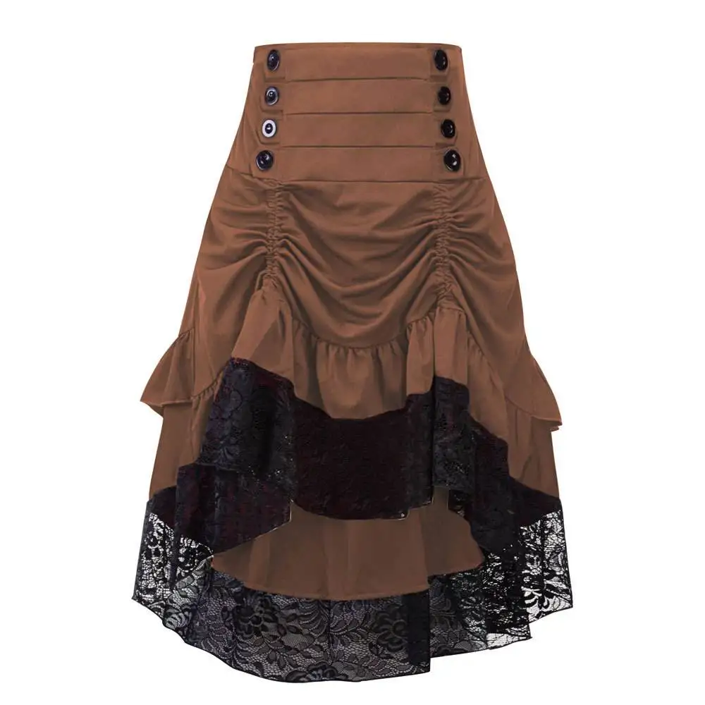 Saia Midi Retrô de Renda Estilo Gótico loween Meio Século com Cordão Patchwork E Cor Pura Modelo Evasê