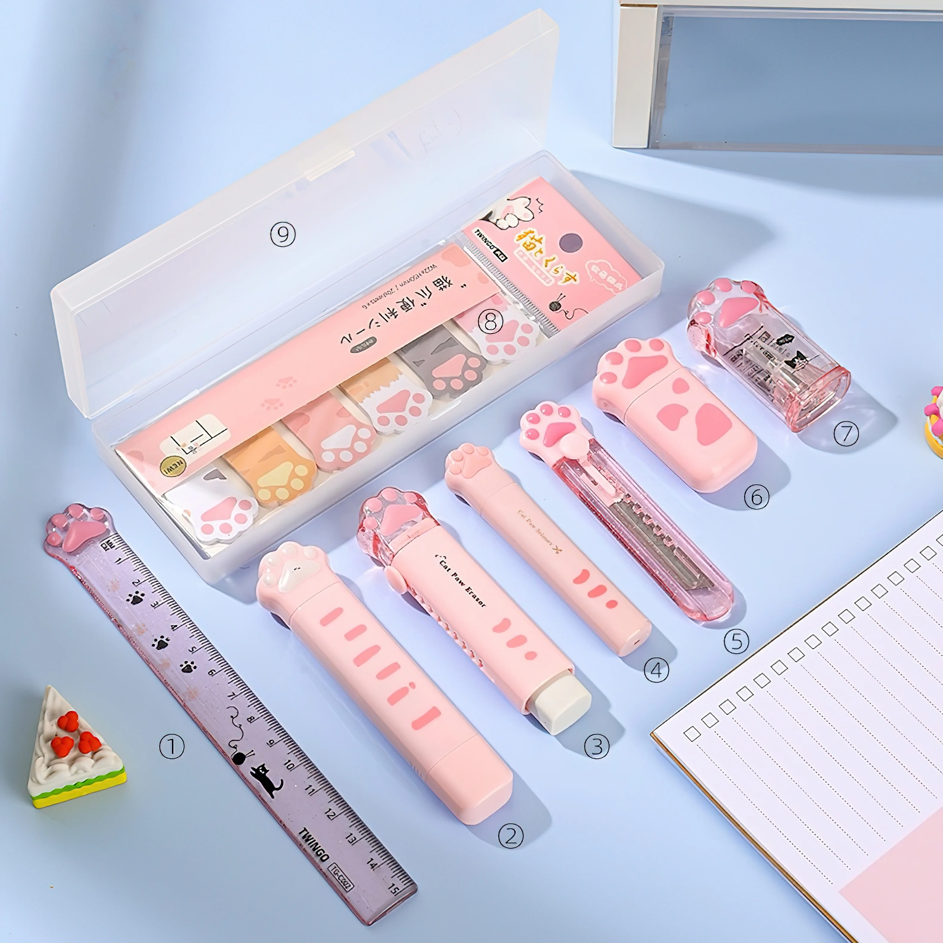 

9 шт., набор канцелярских принадлежностей на тему кошачьей лапы для детей со складными ножницами, линейкой, ластиком, корректирующей лентой и клеевой лентой F3050