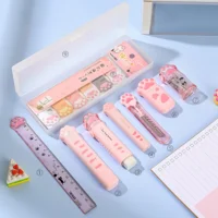 Caja de papelería con temática de pata de gato para niños, 9 Uds., con tijeras plegables, regla, borrador, cinta correctora y cinta adhesiva F3050