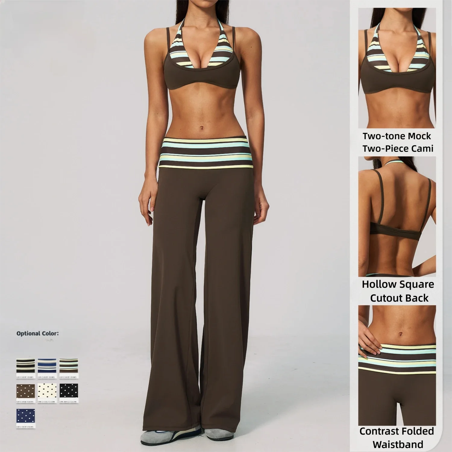 2026 New Women Fake Two Piece Yoga Outfit Square Neck Back Fold Over Waistband Tummy Control Seamless 2 Piece Gym Set