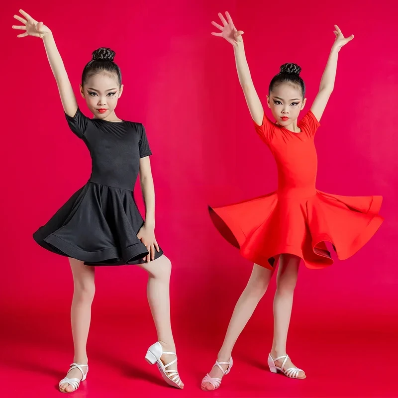 Girl Latin Dance Dress Ballroom Children Dance Costume Salsa Black Red Kids Tango Dresses Dancing Stage Performance Clothing