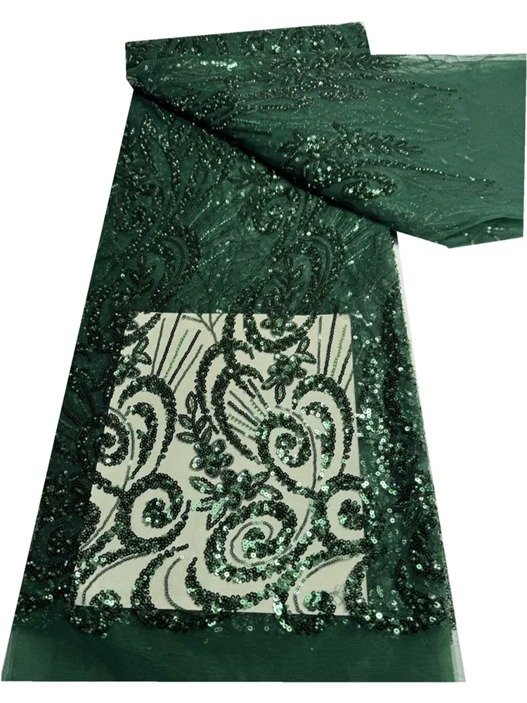 

High Quality Nigerian Mesh Lace Fabric Green Sequins African Lace Fabric Sequins For Party Wedding Dress FT52