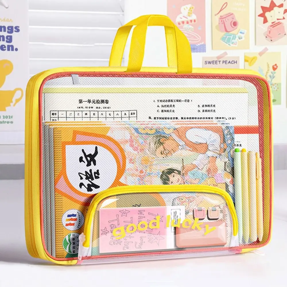 Portable Mesh A4 File Bag Transparent with Handle Stationery Storage Bag Large Capacity File Organizer School Supplies