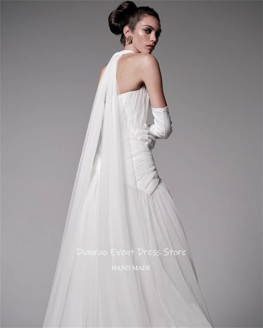 Dianruo-vestidos de noche blancos con escote Halter, vestidos de novia fluidos de corte A, vestidos de gasa con cuello en V fruncidos para mujer personalizados