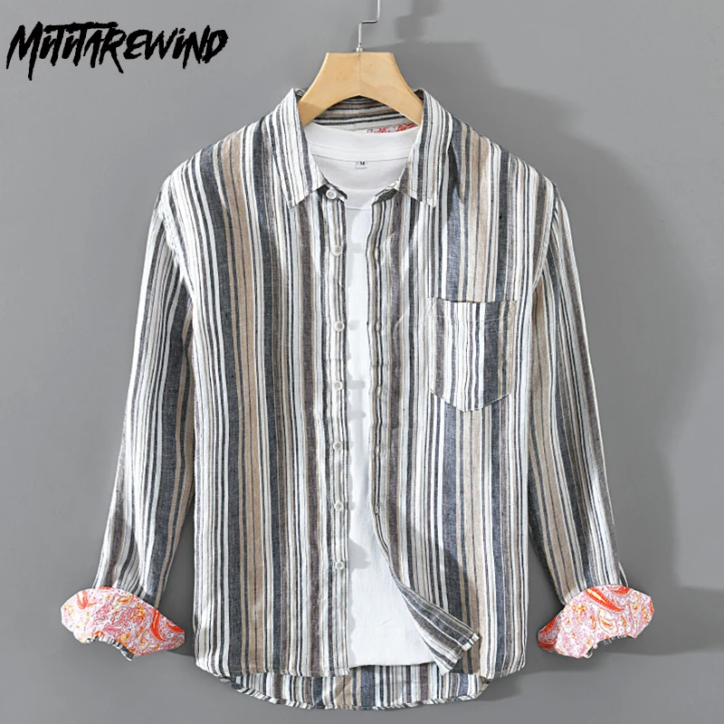 

Spring Summer New Men's Pure Linen Shirts Outdoor Causal Breathable Full Sleeve Tops Lapel Striped Shirt Youth Fashion Shirt