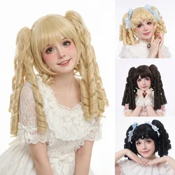REEWES Twin Pigtails Roll Wig With Bang Black Synthetic Hair For Cute Doll Chic Teen Girls Cosplay Princess Halloween Cos
