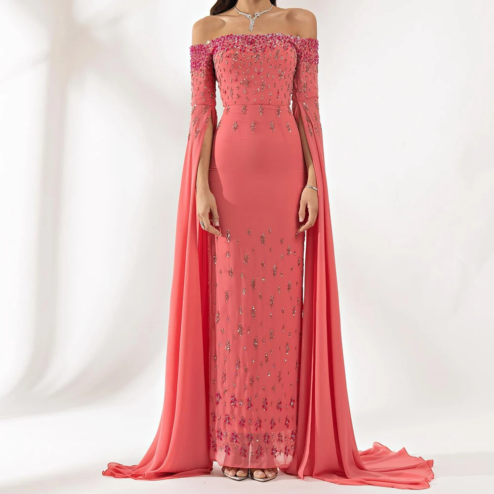 

Exquisite Crystal Off the Shoulder Chiffon Evening Dresses Delicate Straight Floor Length Boat Neck Long Sleeves فساتين سهرة