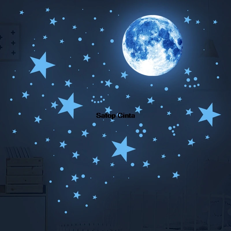 Blue Green Pink Glow In The Dark Stars DIY Wall Stickers Moon Planet Adhesive Decals For Ceiling Glowing Decorative Kids Bedroom