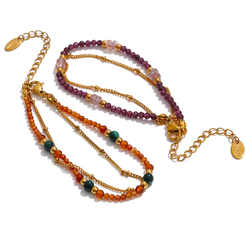 Yhpup Neuheiten Handgefertigter Schmuck Erdbeerquarz Beryll ‌ Kristallperlen-Ketten Stapelarmband Armreif PVD-Beschichtet – Detail 3