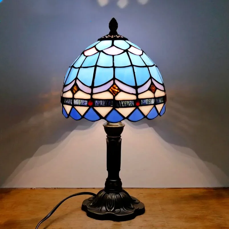 Baroque Table Lamp Color Glass Lamp Shade Resin Base Retro Mediterranean Style Table Lamp Bedroom Dining Room Art Desk Light