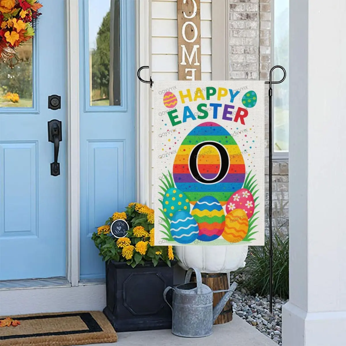 Happy Easter Eggs Monogram Letter O House Flag 12x18 Inch Double Sided Yard Flags Spring Garden Flags for Outside Home Yard  AAS