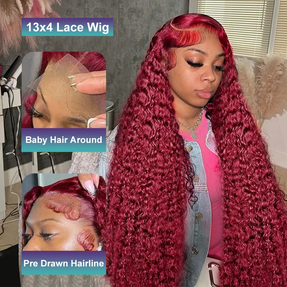 Perruque Lace Front Wig Deep Wave Brésilienne Naturelle, Cheveux Bouclés, Couleur Bordeaux 99J, 13x4 HD, Pre-Plucked