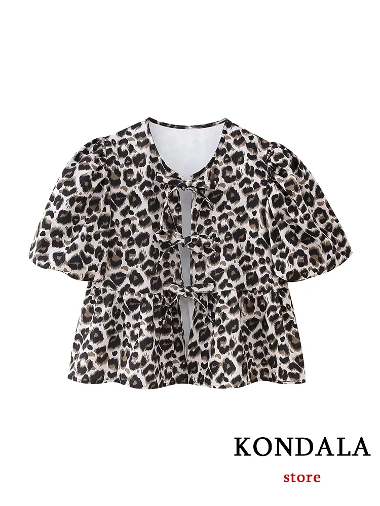 KONDALA Vintage Leopard Print Loose Shirts Women O Neck Bow Buttons Short Sleeve Blouses Fashion 2024 Summer Streetwear Tops