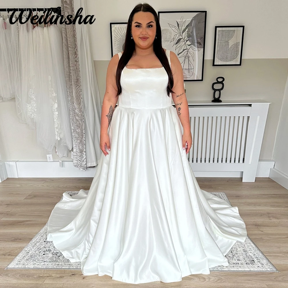 Maßgeschneidertes einfaches standesamtliches Hochzeitskleid aus Satin in Übergröße für Bräute, elegante A-Linie, quadratischer Ausschnitt, Brautkleider mit Hofschleppe