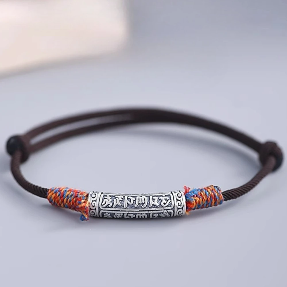 Vintage Sterling Silver Adjustable Bracelets Six-Syllable Mantra Religious Amulet Rope Chain Men's and Women's Party Jewelry