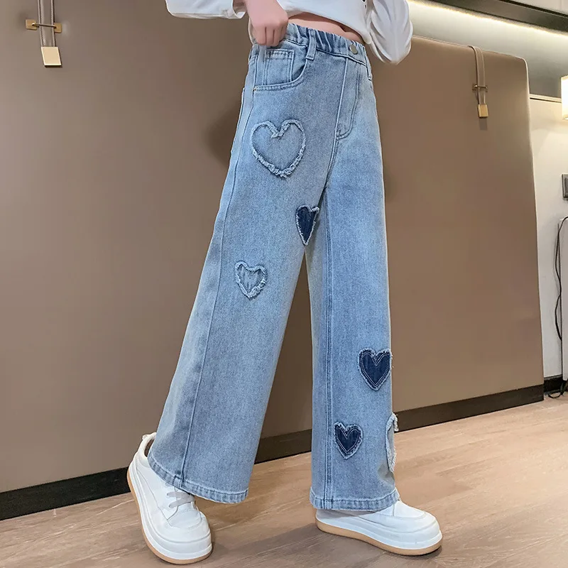 2024 Spring Autumn Girls Love Rough Edges Jean Korean Version Style Kids Middle Waist Cowboy Pants Elastic Waist Long Pants