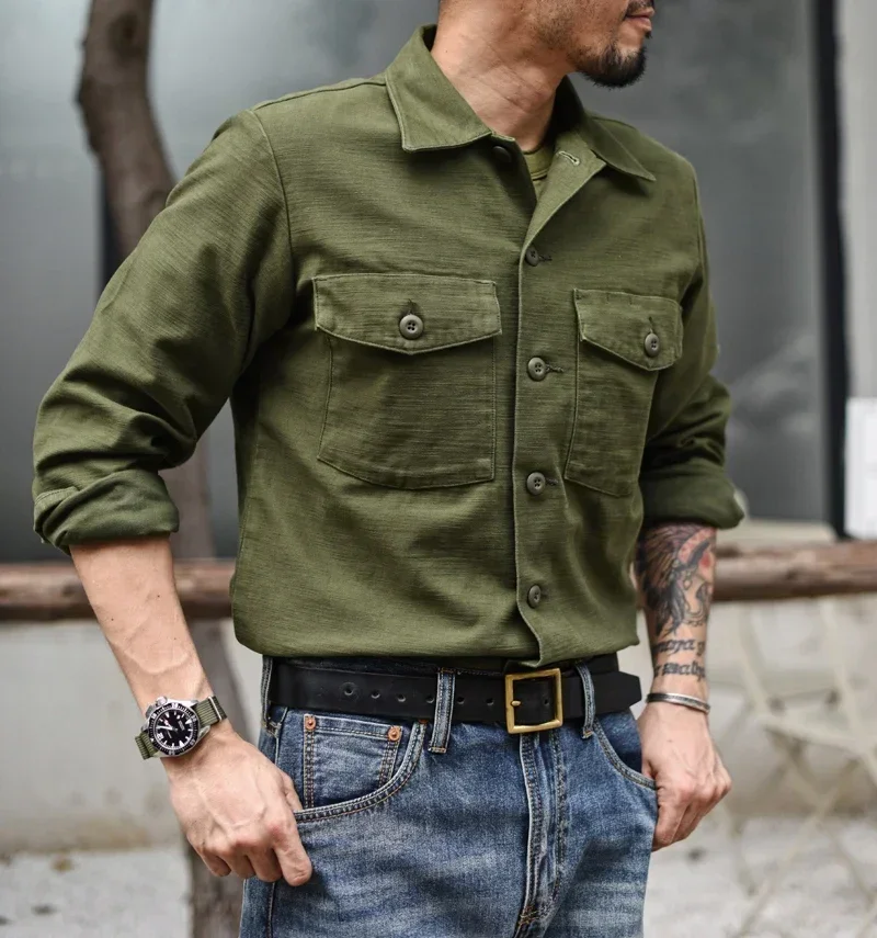 SAUCE ZHAN Chemise Homme OG-107 Fatigue Utilitaire Chemise U.S. Army Vietnam Salopette Chemise Vintage en Satin Coton Slim Fit