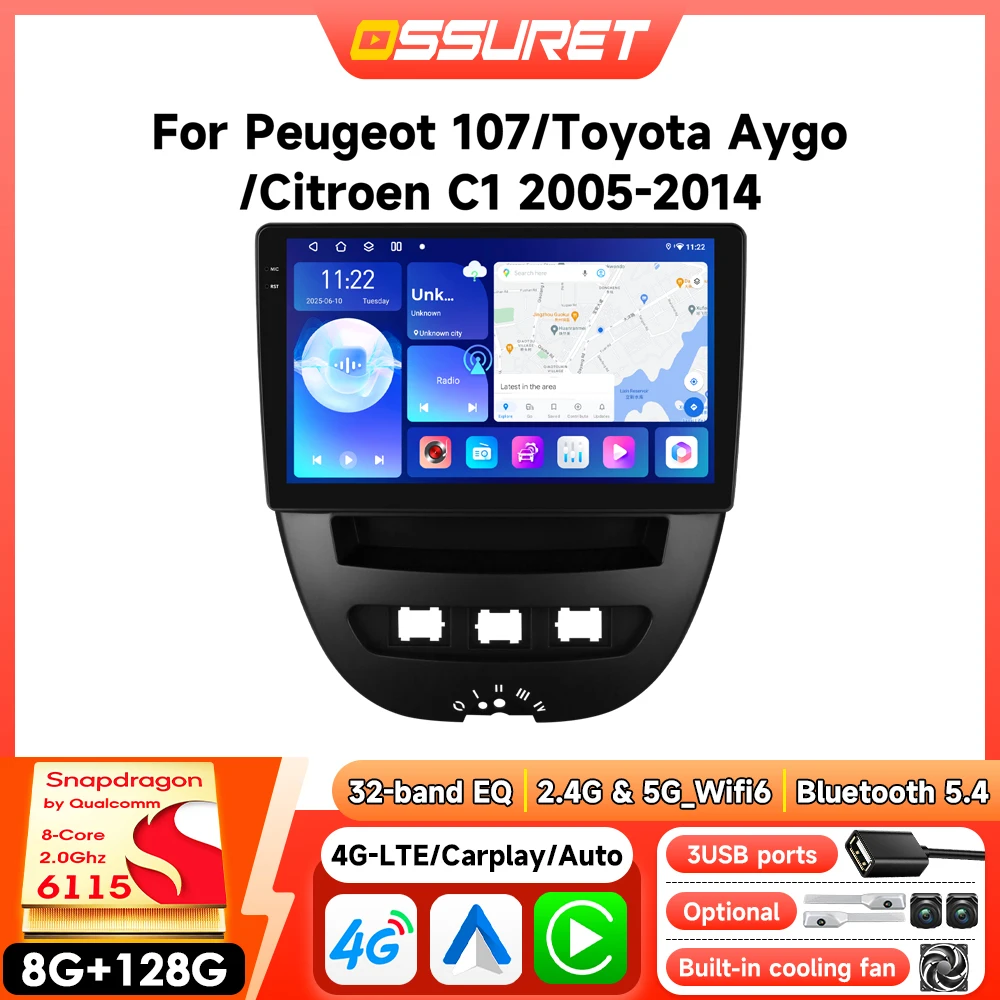 Autoradio Android pour Citroën C1 Peugeot 107 Toyota Aygo 2005-2014 Autoradio sans fil Carplay Auto 6115 Lecteur intelligent 360cam
