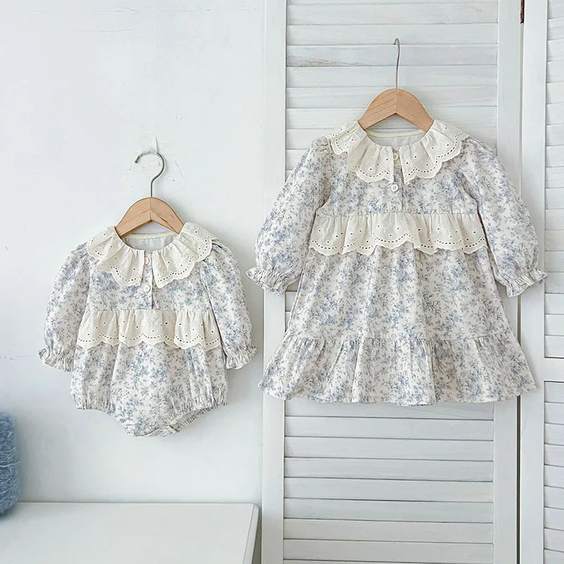 

Autumn Matching Sister Outfits for Girls 0-7 Years Baby Romper Dress Peter Pan Collar Embroidery Long Sleeve Infant Bodysuit