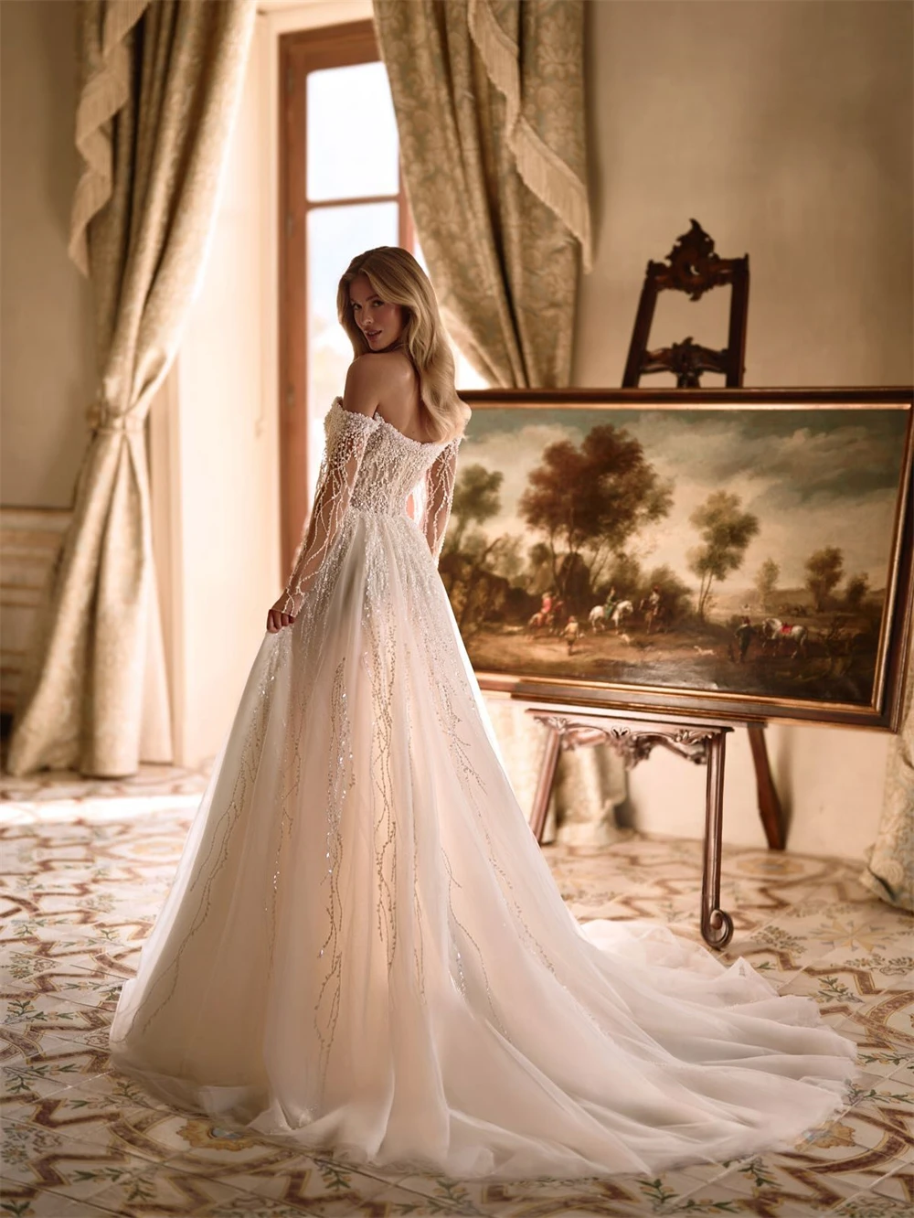 

Customized Elegant White Organza Wedding Dress Boho Sweetheart Long Sleeves Bridal Gowns Soft A-Line Court Train Robe de mariée