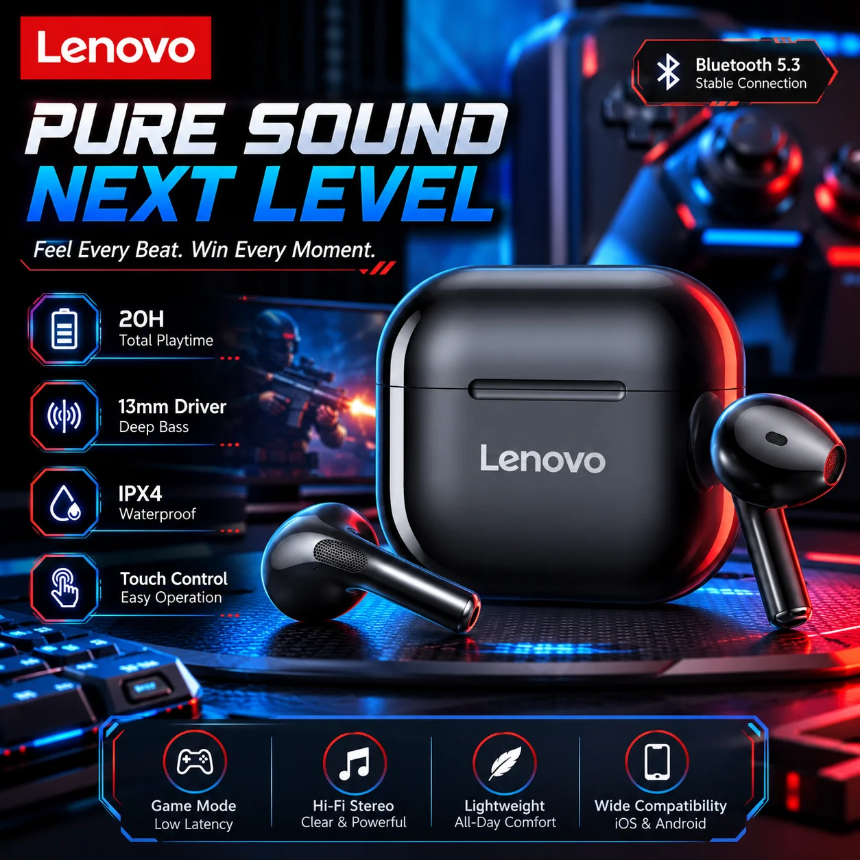 オリジナルレノボLP40ワイヤレスBluetooth5.4ヘッドホンTWSイヤホンタッチコントロールスポーツヘッドセットステレオイヤホン（Androidスマートフォン対応）