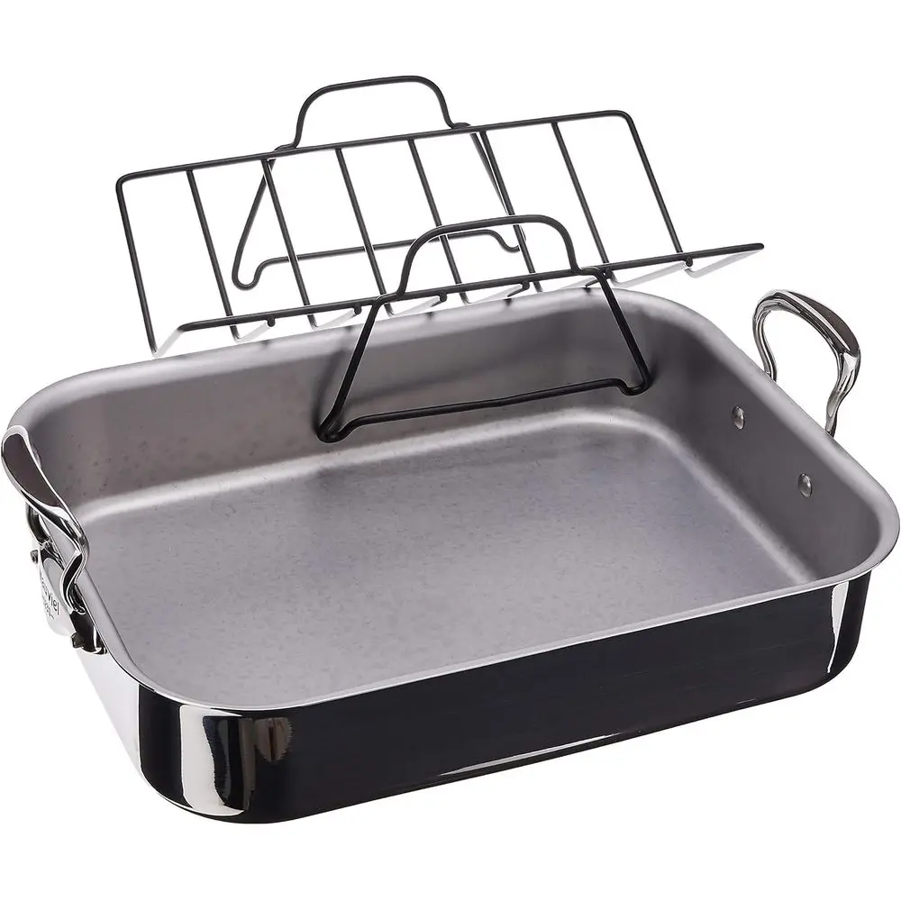 Mauviel M'Cook 5-Ply Polished StainlSteel Roasting Pan With Rack, And Cast StainlSteel Handles, 15.7 x 11.8-in, Made In rance