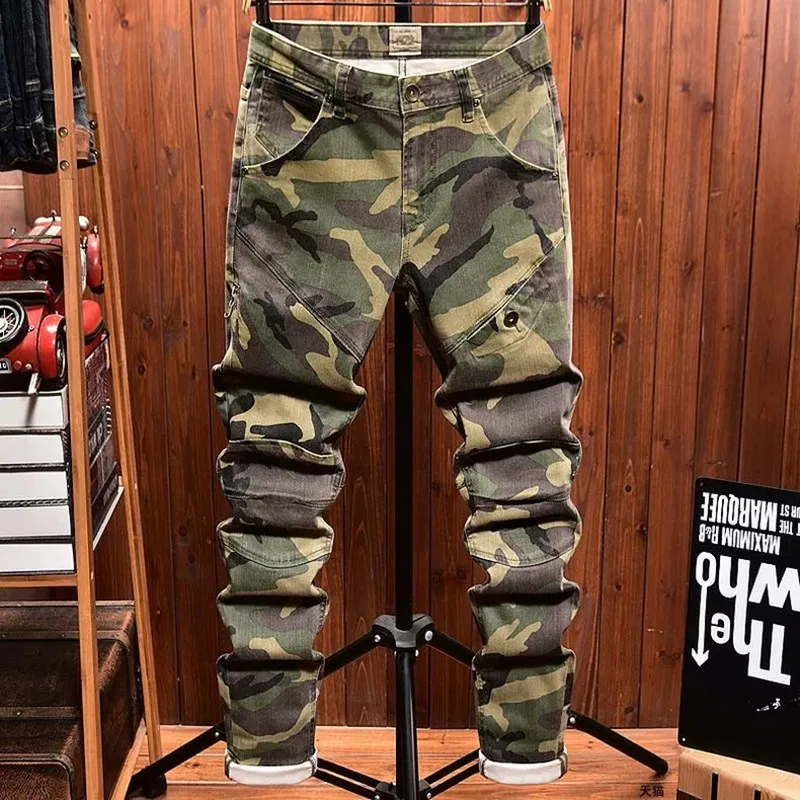 Spring and Autumn New Fashion Camouflage Straight Stretch Small Legs Men's Casual Comfortable Breathable High-Quality Jeans 36