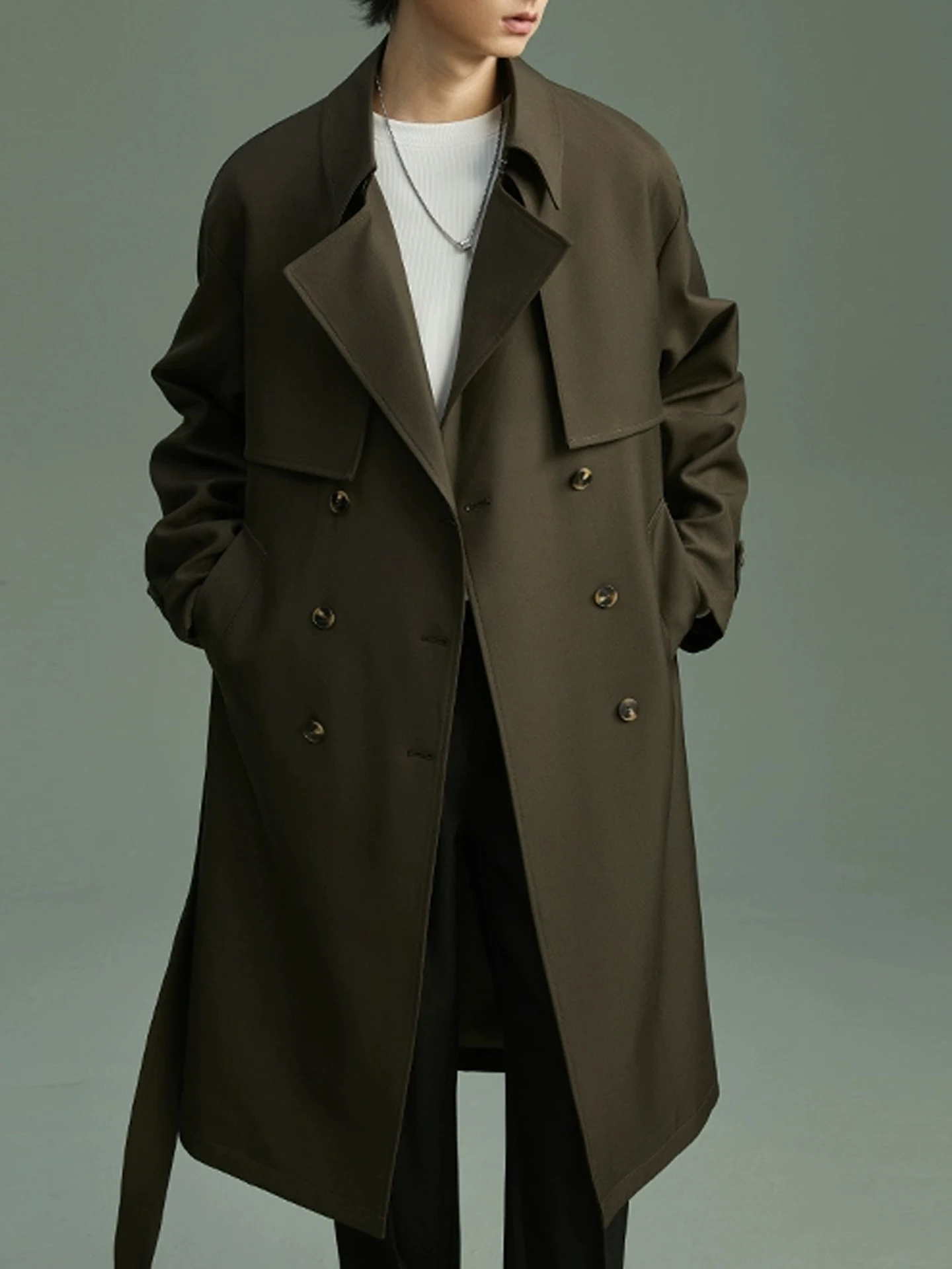 

Мужское повседневное пальто до колен с двубортной застежкой и поясом, в корейском стиле, средней длины, весна-осень, премиум-класса, приталенное, для молодежи