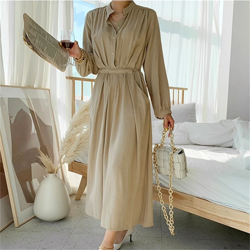 REALEFT Casual Stand Collar Women\'s Shirt Dresses Lace Up Solid Buttons Elegant Pockets Straight Dress Female 2024 New