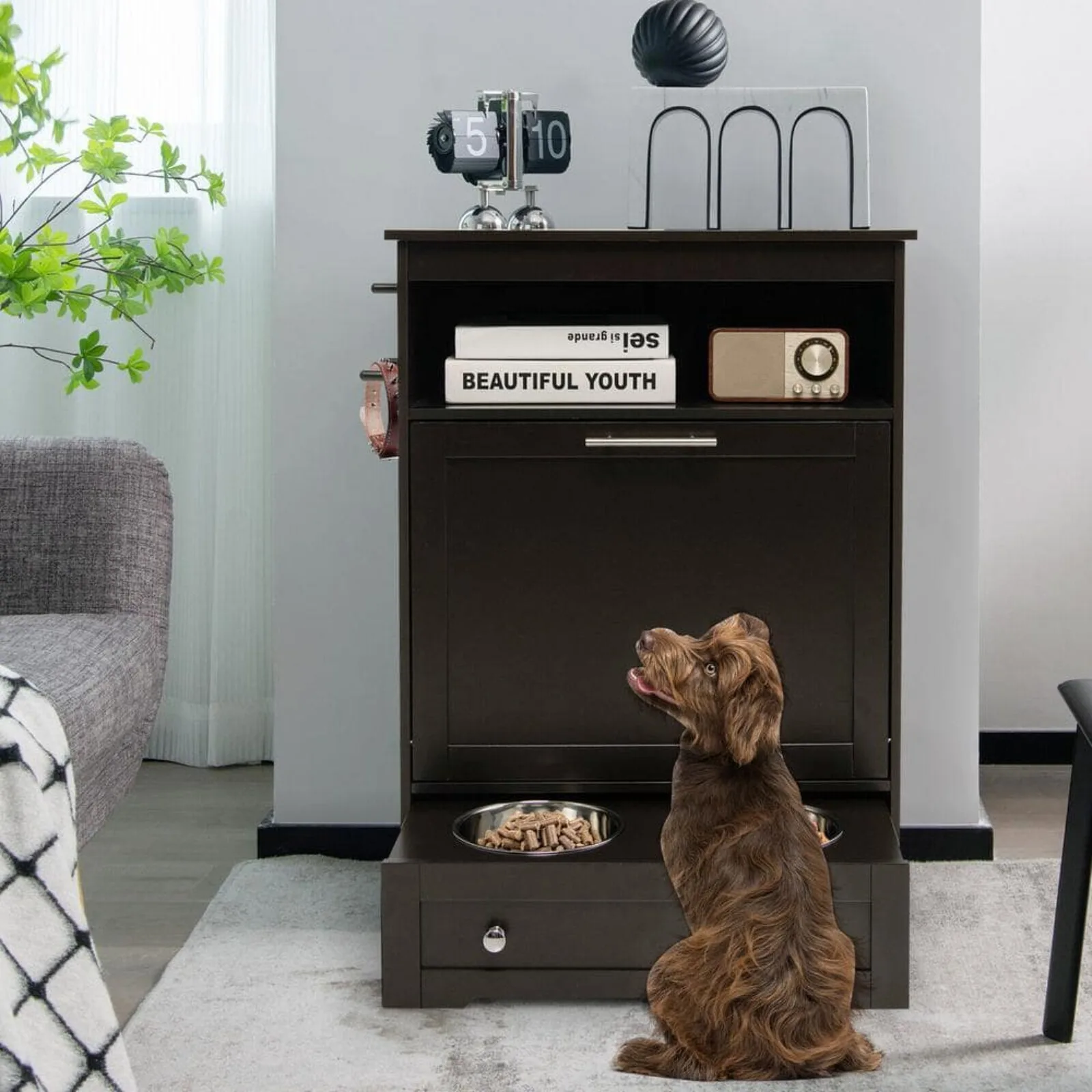 US Pet Feeder Station with Pet Food Storage Cabinet, Stainless Steel Dog Bowl in Coffee