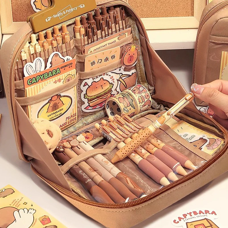 Large Capacity Kawaii Capybara Multi Layered Separated Stationery Bag Pencil Case Cosmetic Bag School Office Supplies Stationery