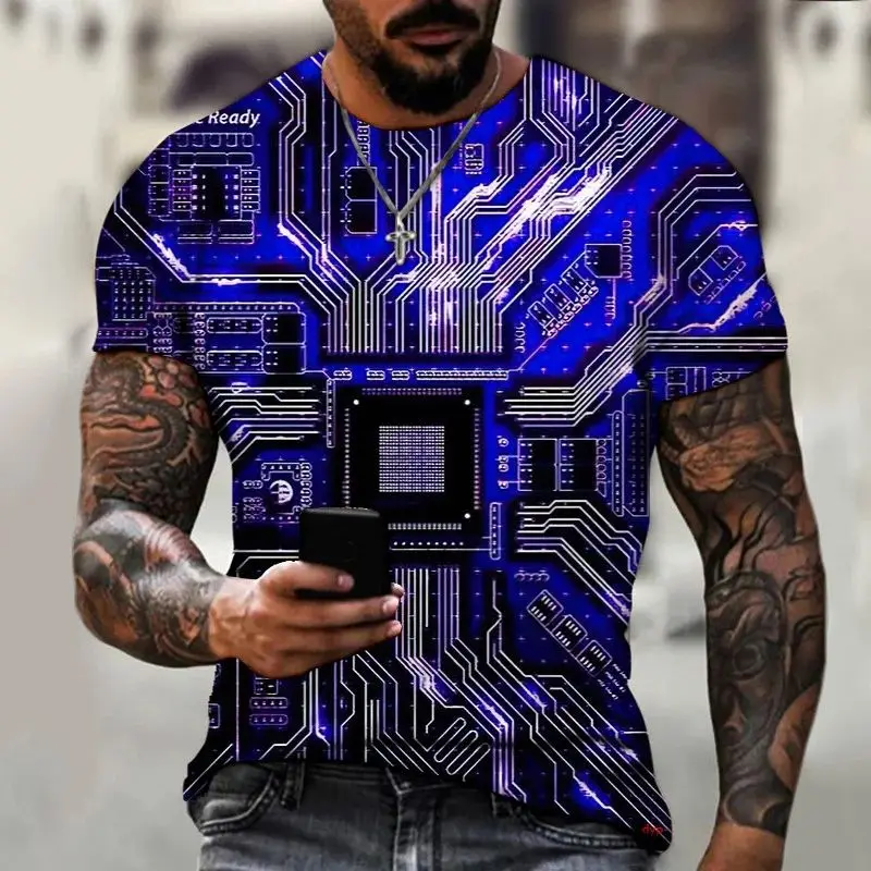 Summer Men Circuit Board Electronic Chip Cpu Creative Graphics 3d Printing T-Shirt Fashion Collar Short Sleeve Plus Size Top