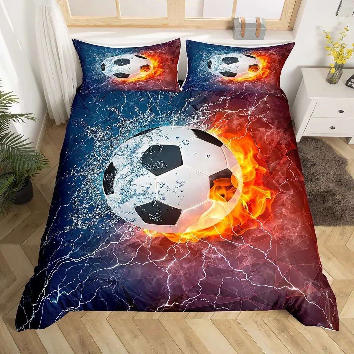 Football Comforter Cover,Soccer Sports Abstract Ice and Fire Art Design Quilt Cover Teens Boys Cool Navy Blue 3 Pcs Bedding Set