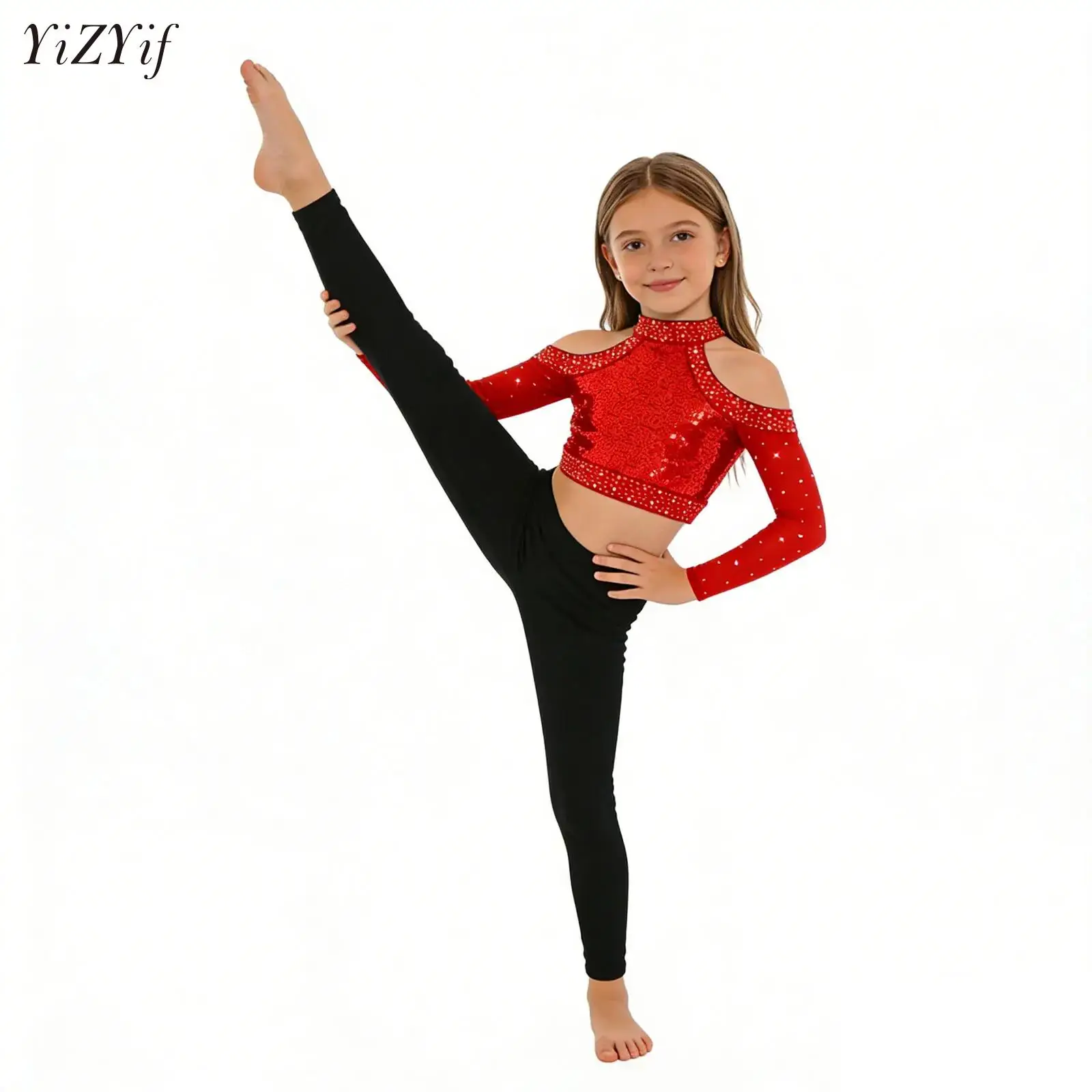 

Kids Girls Jazz Hip-hop Dance Tops Shoulder Hollow Out Long Sleeve Sequins Crop Top for Acrobatics Gymnastics Performance