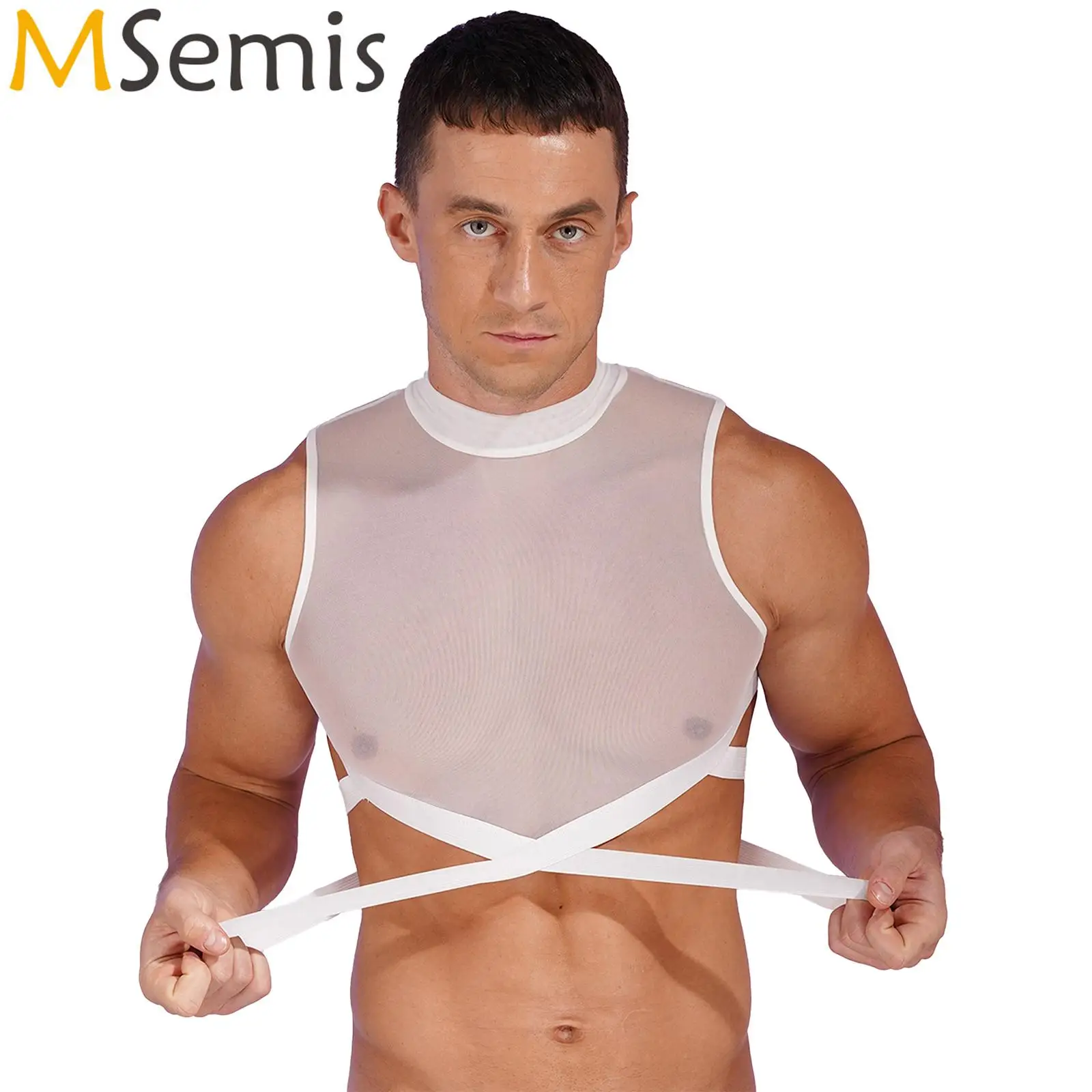 Mens Nightclub Sheer Mesh Muscle Crop Tops Zipper Back Elastic Strappy Criss Cross Vest Tops Sleeveless Rave Festival Costume