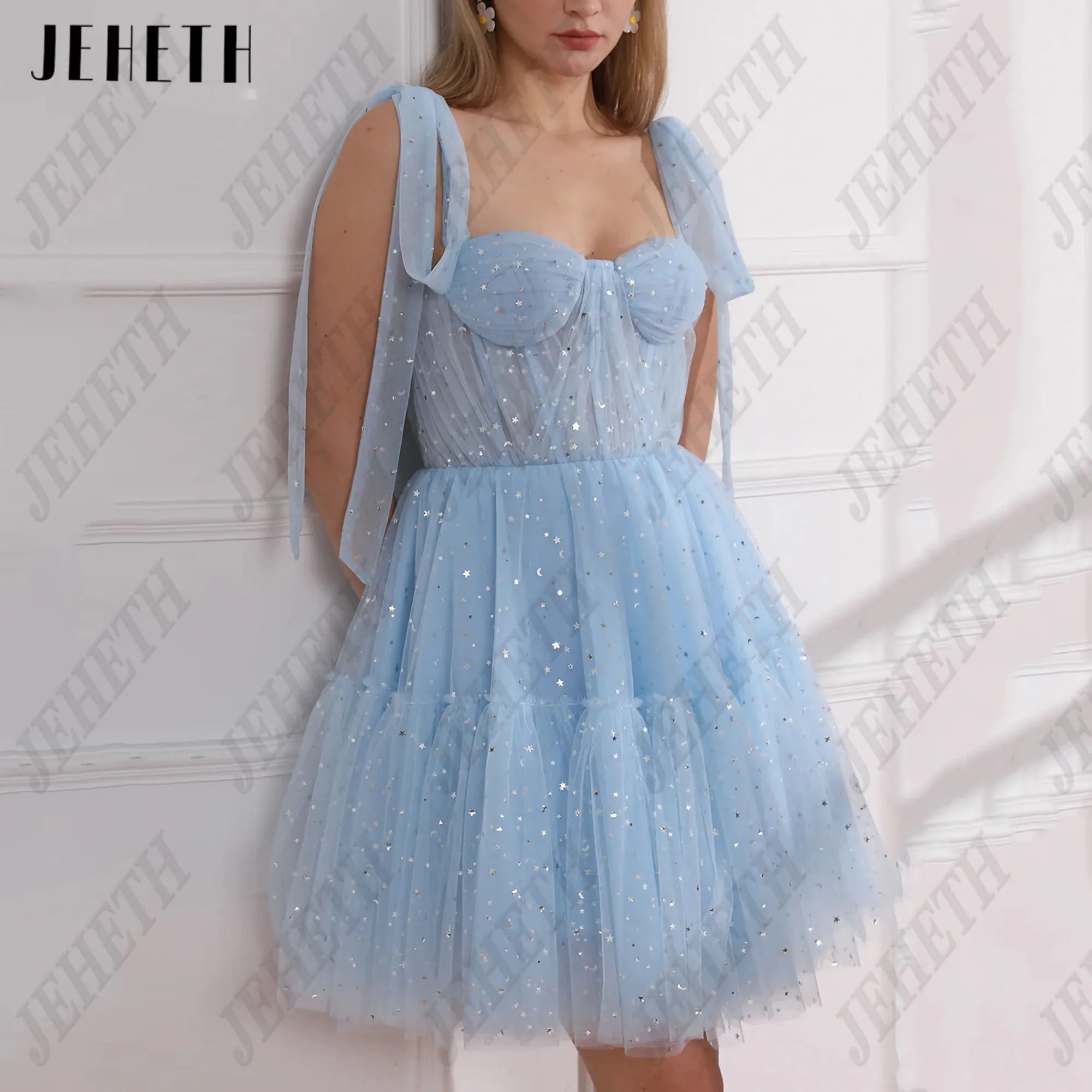 

JEHETH Sparkling Mini Graduation Dress Spaghetti Straps Sweetheart A-Line Tulle Backless Vestido De Graduacion Elegantes 2024