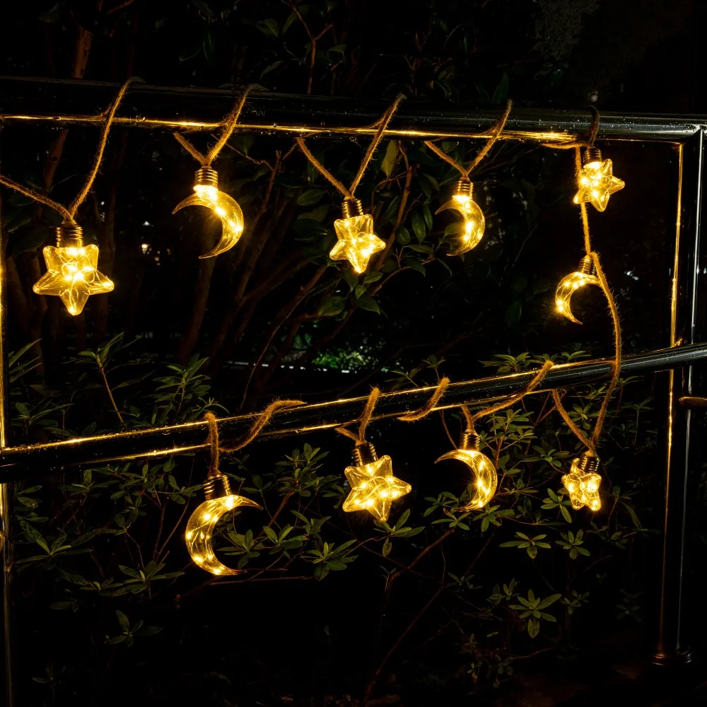 1PC 5M10LED Solar Powered Hemp Rope Star & Moon String Lights LED Fairy Light,used for Ramadan Patio Garden Home Party Eid Decor