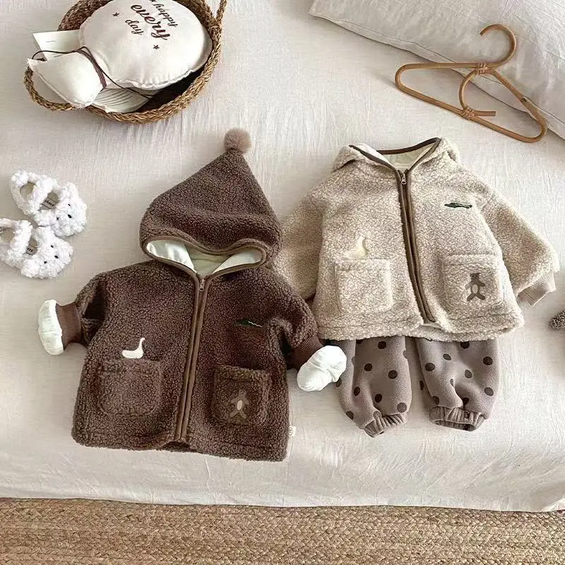 2026 New Winter Toddler With Pom Pom Hooded Cute Animal Embroidered Fleece Warm Outerwear