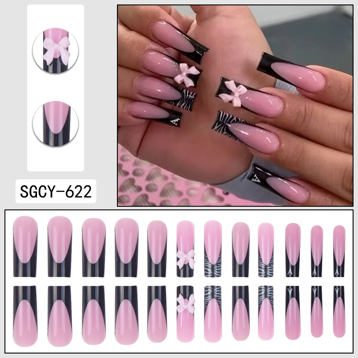 24-piece Long Coffin-shaped Black White Zebra-patterned 3D Bowknot Rhinestones Detachable ABS Full Cover False Nails Suitable