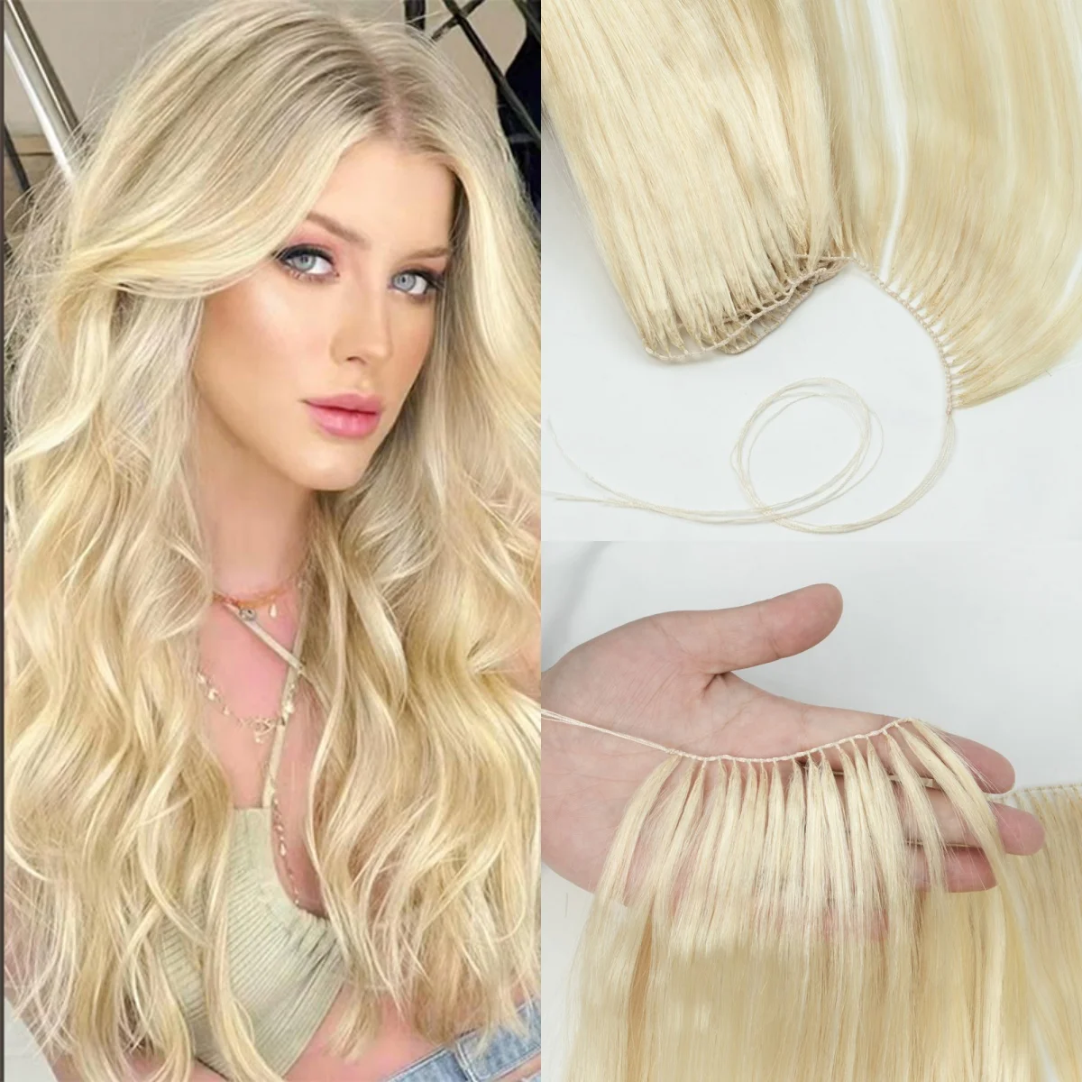 

Non-Remy Human Hair Feather Hair Bundles Natural Fish Line Invisible Micro rings Extension Weft 100 strands