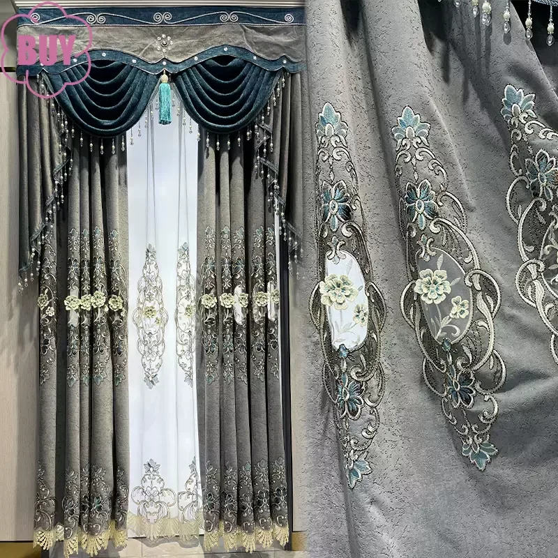 Embroidered Window Screen Grey Cashmere Hollow Curtains for Living Room Bedroom French Window Balcony Floating Window Villa