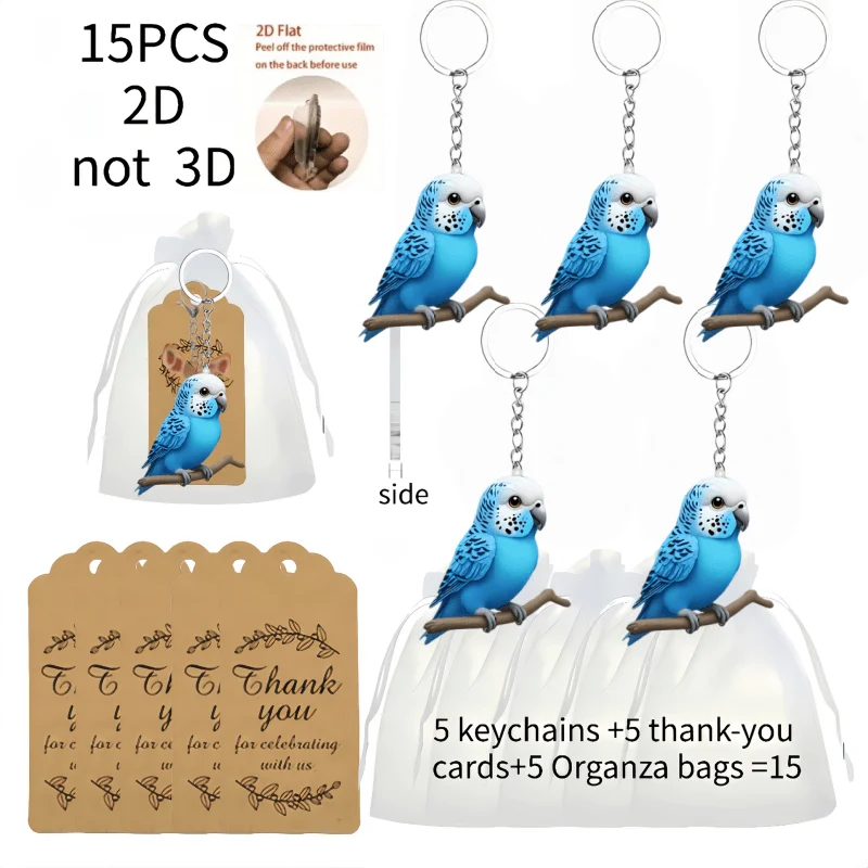 5sets Blue Budgerigar Keychain Inludes 2D Acrylic Pendant & Thank You Cards & Yarn Bags Car Key Decoration Holiday Souvenirs