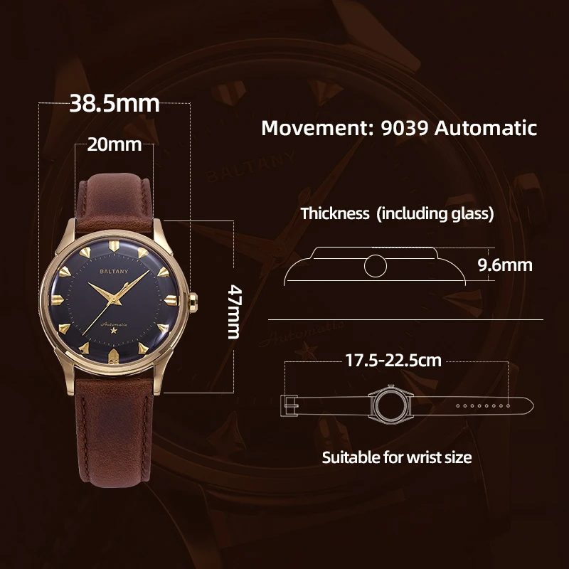 Baltany Orologio automatico da uomo 38,5 mm Orologio da polso meccanico ultrasottile Zaffiro 50 m Impermeabile luminoso Miyota 9039